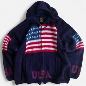 Tejidos Ruminahui Ecuadorian Navy Blue Wool USA American Flag Hoodie Jacket